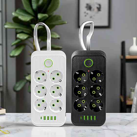 Сетевой фильтр удлинитель 2 м 6 розеток и 5 USB QC PD 10А 2.5 кВт EU-2506PD защита устройств Киев