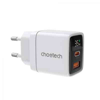 Зарядное устройство Choetech 1xUSB + 1xUSB-C PD35W with display white (PD6052-EU-WH) Винница