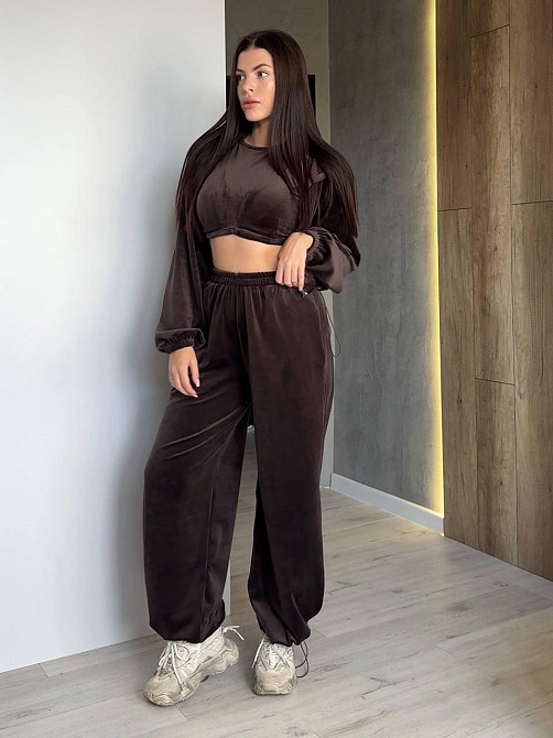 Женский прогулочный костюм тройка: худи топ и штаны велюр плюш Шоколад, 42/44 Одесса - изображение 3