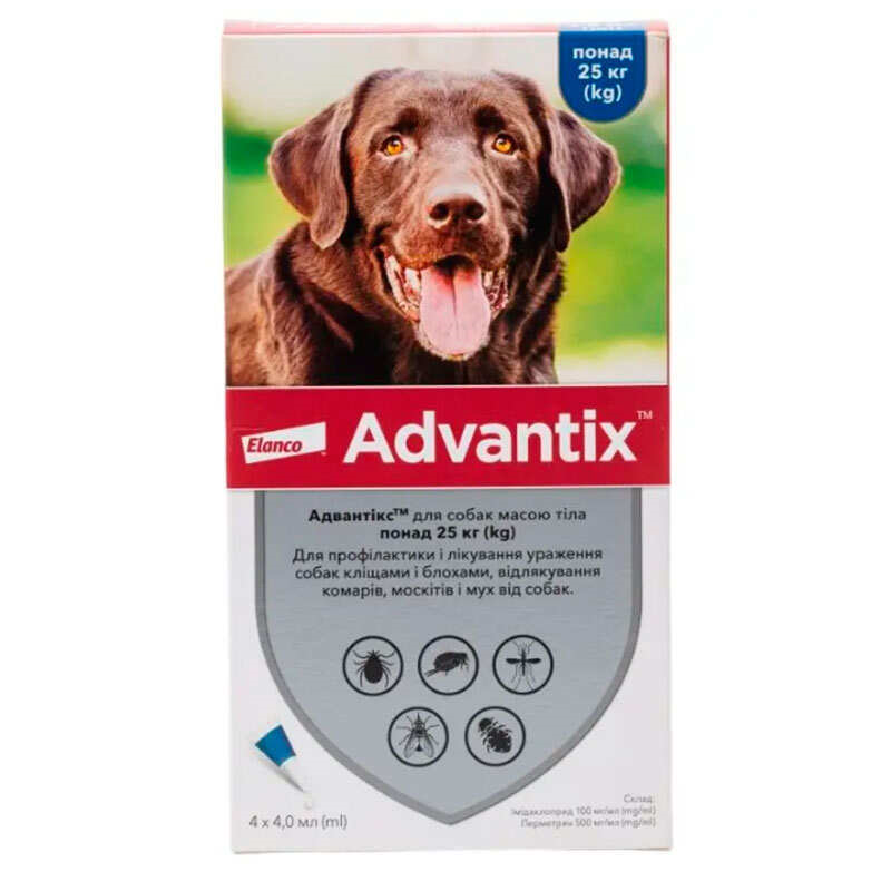 Краплі для собак 25-40 кг проти бліх і кліщів Bayer Elanco Advantix (Байєр Адвантис) 4 піпетки по 4 мл Запоріжжя - фото 1