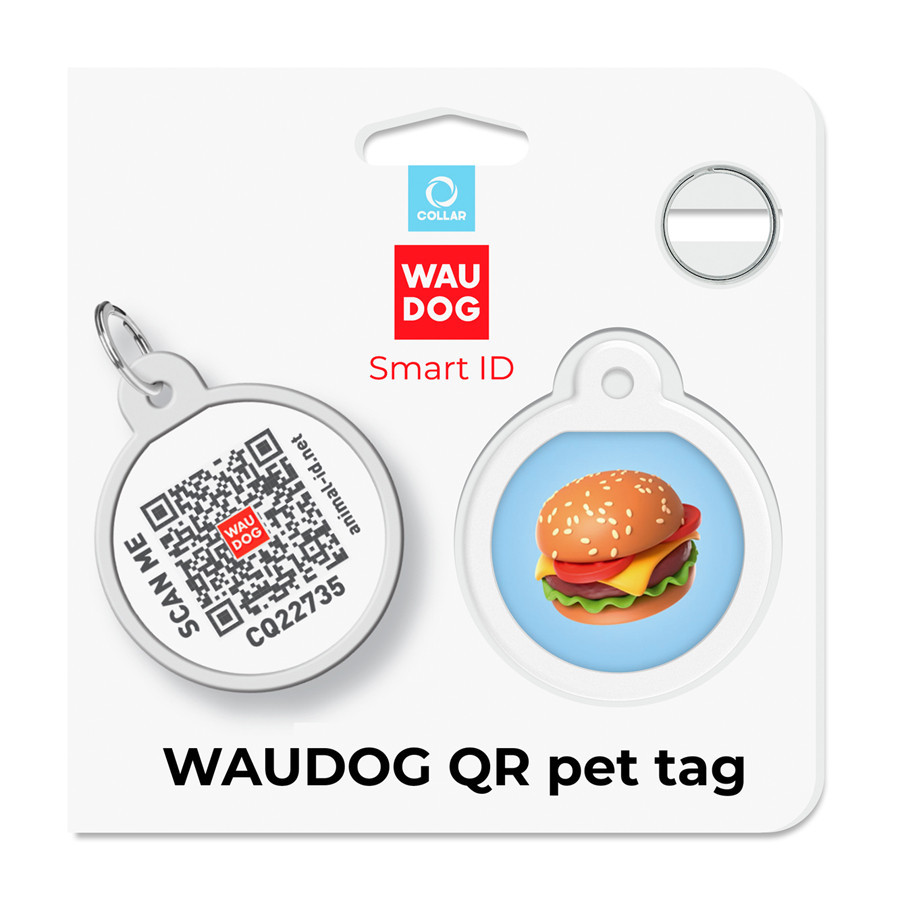 Адресник для собак і котів металевий WAUDOG Smart ID з QR паспортом, малюнок "Гамбургер", коло, Д 25 мм Київ - фото 5