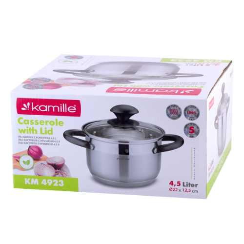 Каструля нержавіюча сталь 4,5л з кришкою порожнисті ручки 4923 KAMILLE Житомир - фото 3