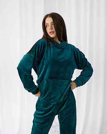 Жіночий велюровий костюм із капюшоном Смарагдовий S Харків