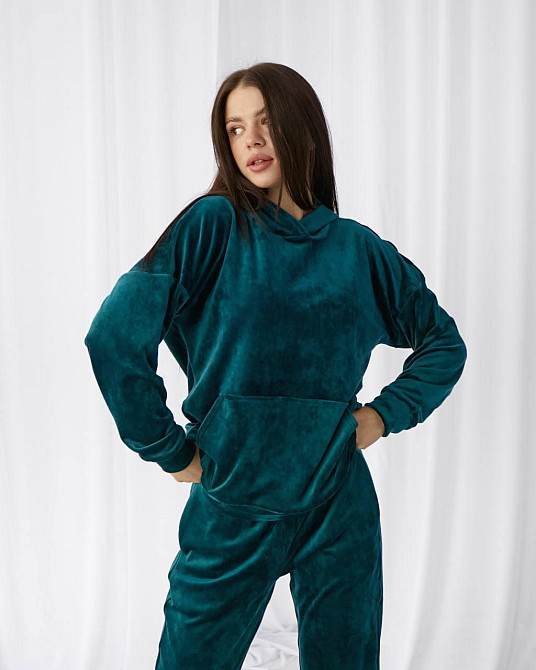 Жіночий велюровий костюм із капюшоном Смарагдовий S Харків - фото 6