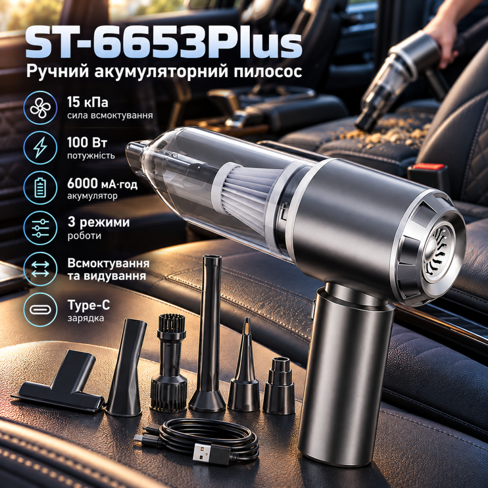 Ручний акумуляторний пилосос ST-6653Plus 15 кПа, 100 Вт, 6000 мА·год, 3 режими, всмоктування та видування, Type-C Київ - фото 1