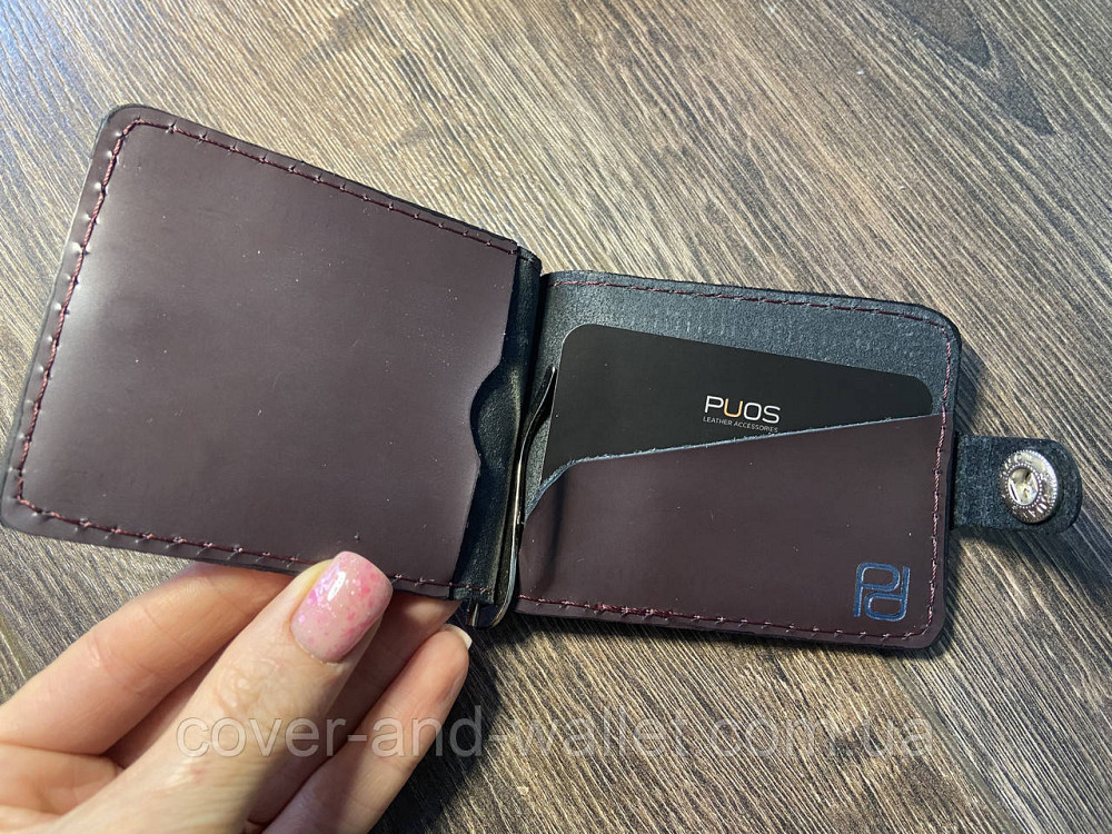 Тонкий шкіряний затискач для грошей на кнопці з кишенями для карток PUOS Київ - фото 3