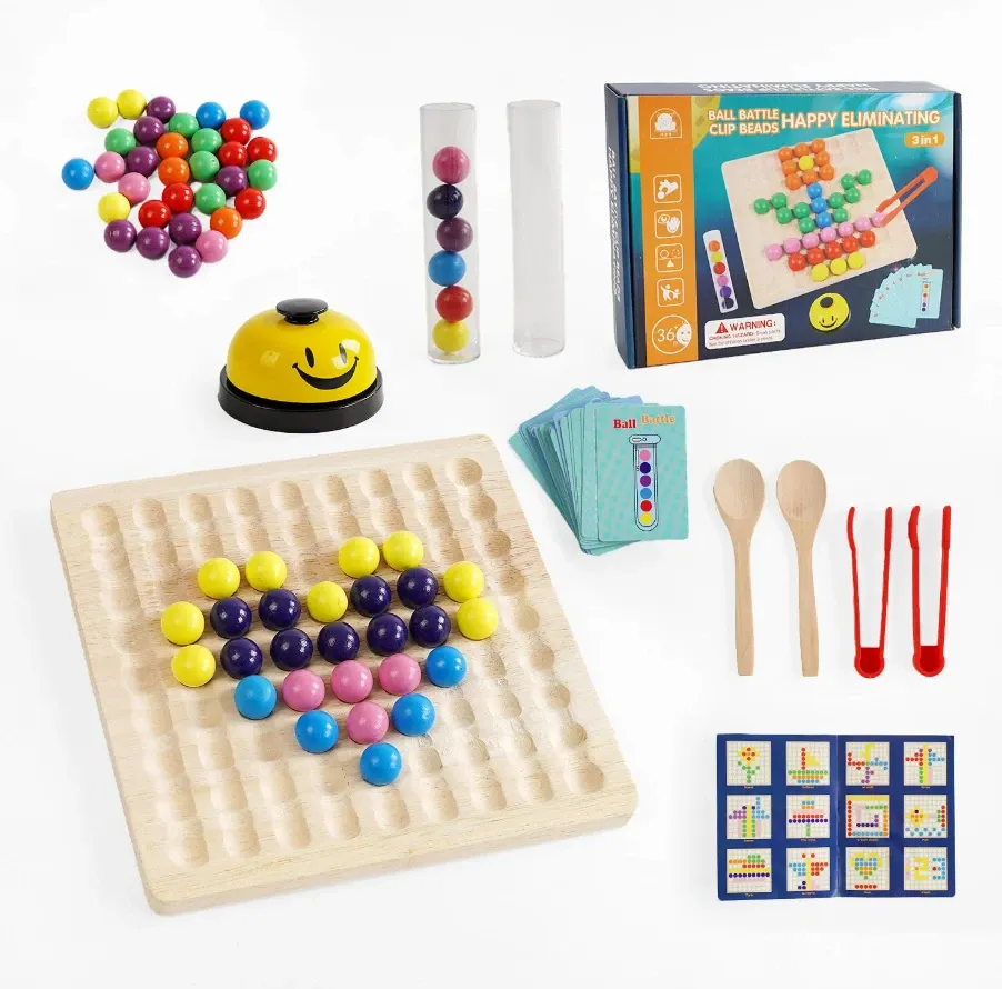 Логічна гра дерев'яна кольорові кульки картки із завданнями дзвіночок щипці ложки колби (C 65687) Чернигов - изображение 1