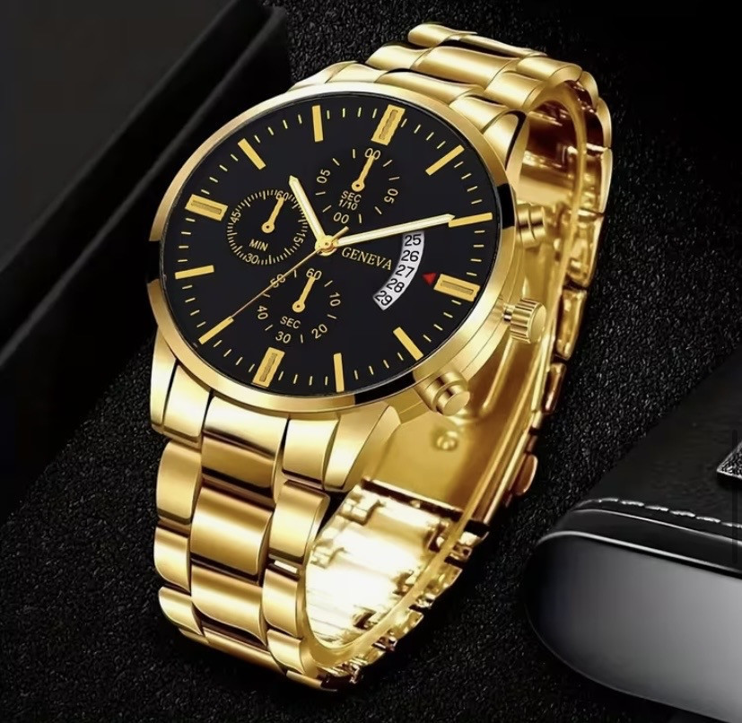 Подарочный набор для мужчин наручные часы с датой с браслетом кулоном и кольцом золотистый Киев - изображение 2