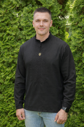 Вишиванка лляна чоловіча з гербом, сорочка чорна з чорною вишивкою , з довгим рукавом, вишиванки чоловічі 56/58 Київ