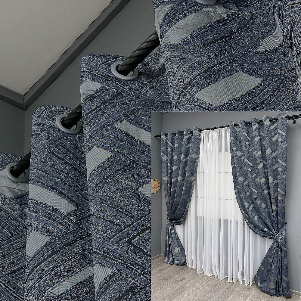 Комплект штор на люверсах VR-Textil Жаккард Mystery № 1628ш Синий с серым 150х270 см 2 шт (37-0206) Киев - изображение 1