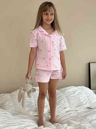 Дитяча піжама з мусліна шорти з сорочкою Рожевий Серця 122-128 Харків