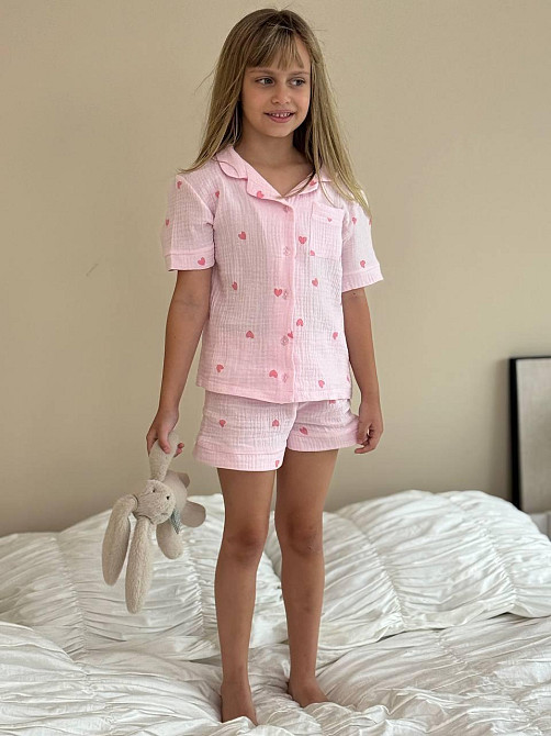 Детская пижамка из муслина шорты с рубашкой Розовый Сердечки 122-128 Харьков - изображение 1