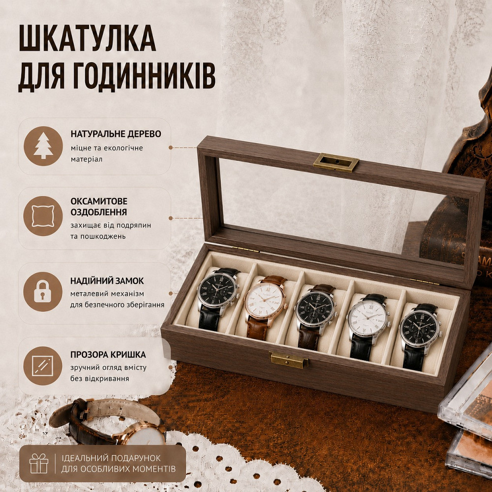 Футляр для зберігання годинників на 5 відділень, дерев'яний із прозорим віконцем, скринька-органайзер для наручних годинників Кам'янець-Подільський - фото 4
