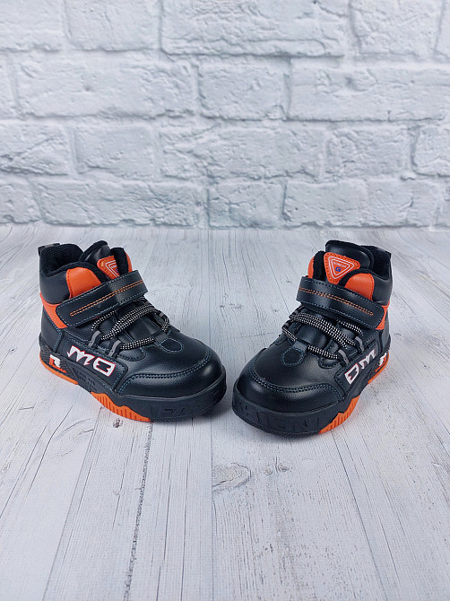 Дитячі демісезонні кросівки хайтопи чорно-жовтогарячі на флісі для хлопчиків 32(20,7см) Миколаїв - фото 3