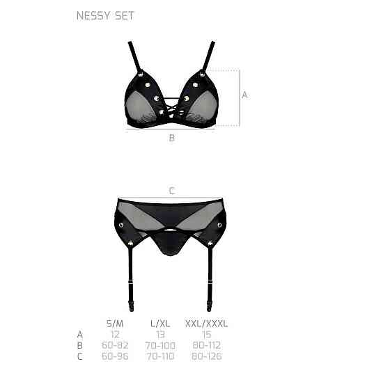 Комплект білизни Passion NESSY SET XXL/XXXL black, бюстгальтер, пояс для панчіх, стрінги Sex Aura Київ