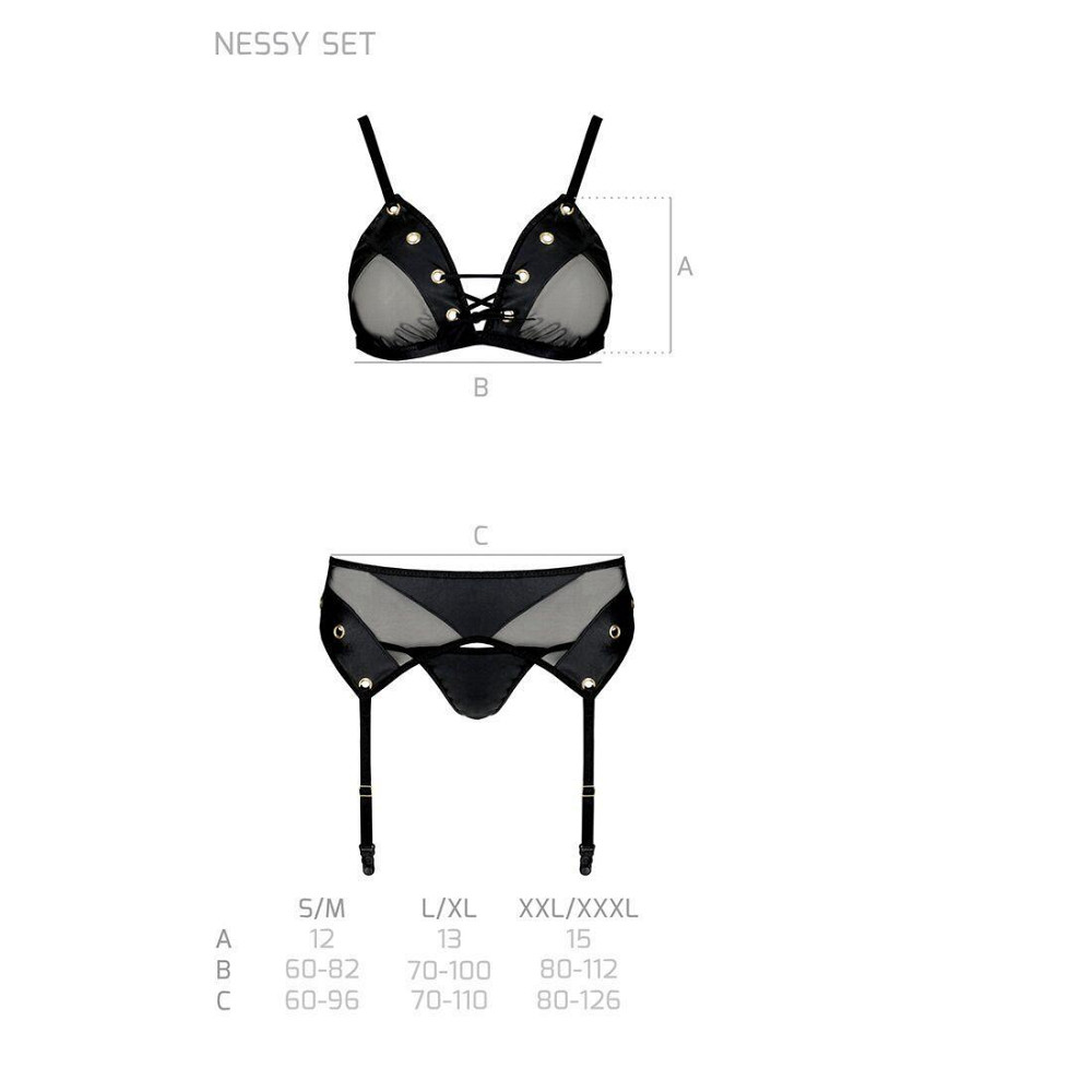 Комплект білизни Passion NESSY SET XXL/XXXL black, бюстгальтер, пояс для панчіх, стрінги Sex Aura Київ - фото 5