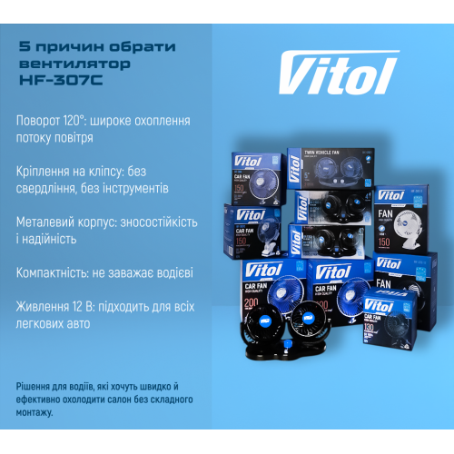 Вентилятор 6" ВН.12.607С/HF-307C 12 В з кутом повороту 120 градусів на кліпсі Харків - фото 8
