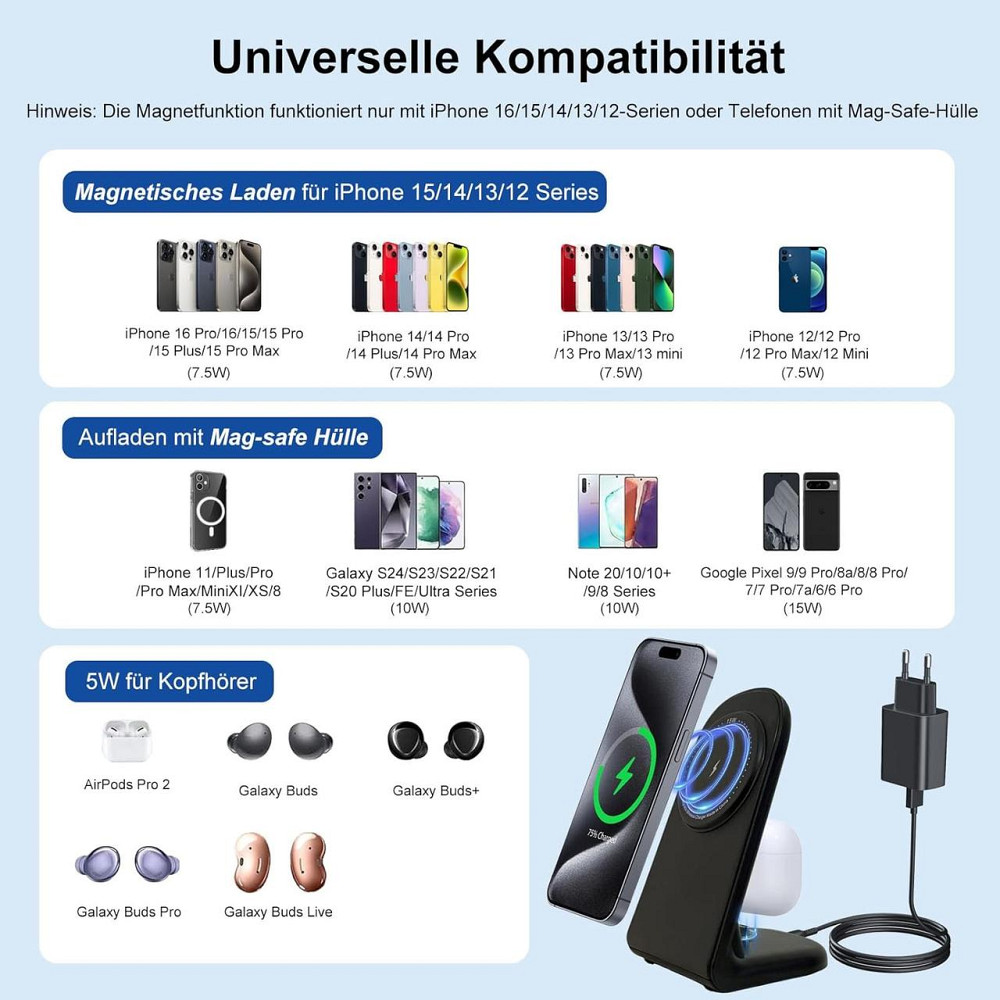 Бездротова зарядна станція 2в1 з MagSafe, зарядка для телефону і навушників iPhone, AirPods Pro 2 Samsung Galaxy Google Pixel 15Вт Київ - фото 2