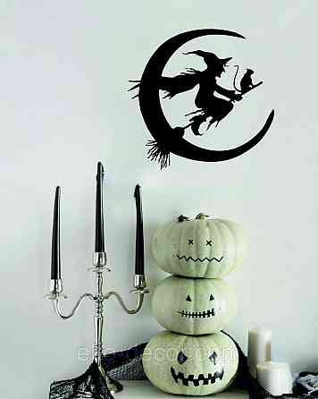 Декоративное настенное Панно «Ведьма на метле с котом», Декор на стену 90*86 см, Черный Киев