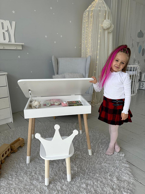 Столик з відкидним верхом 54х60х45 і стільчик корона 26х26х24, стіл та стілець для дітей від 1 року, білий Кам'янське - фото 5
