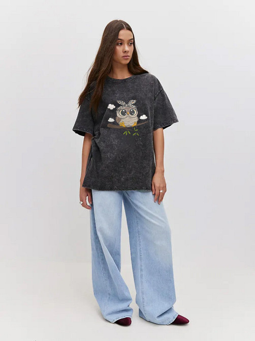 Футболка оверсайз у вініжному стилі з принтом Сова Чорний Харків - фото 2