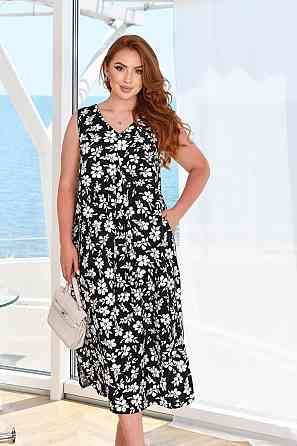 Женское легкое принтованное платье батал жатый лен Черно-белый, 48/50 Одесса