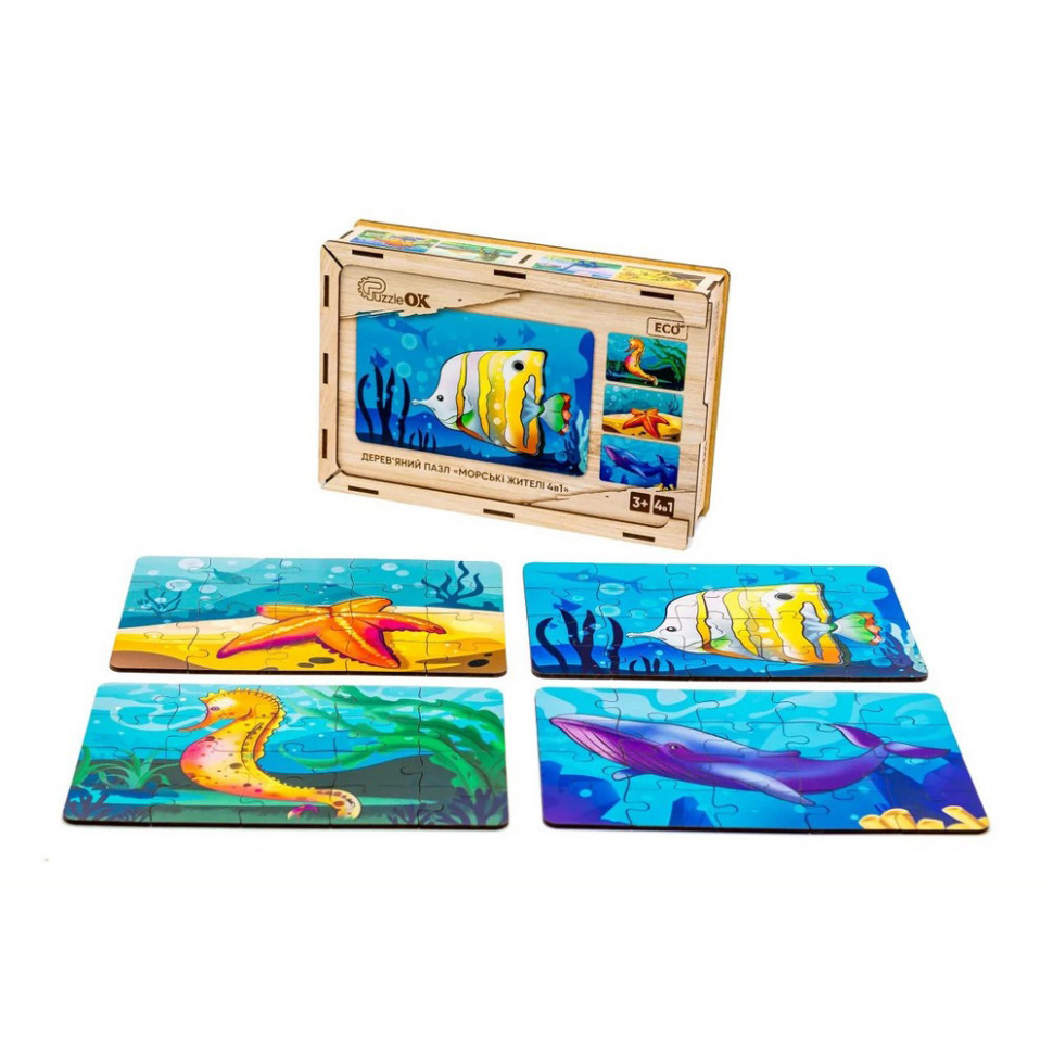 Детский деревянный пазл Морские жители 4 в 1 Puz-57896, 80 элементов Винница - изображение 1