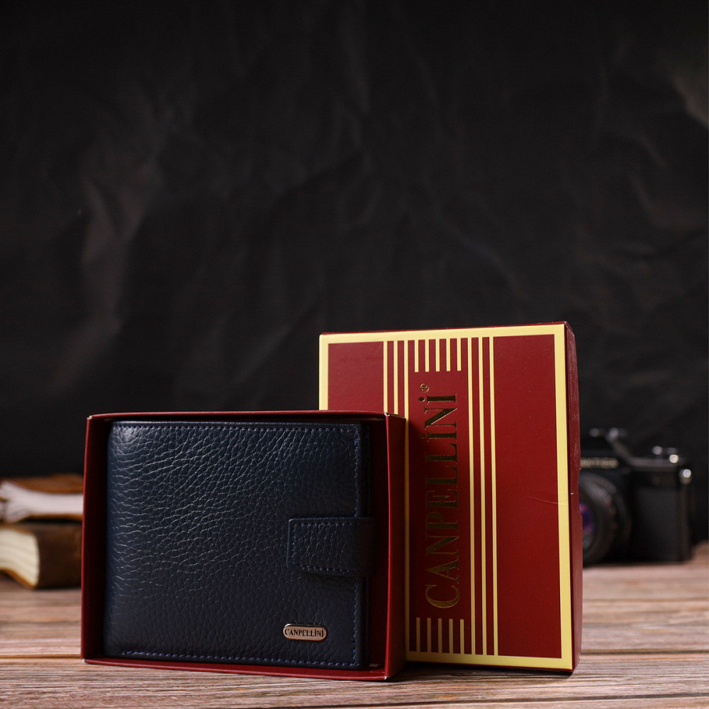 Практичний чоловічий гаманець із натуральної зернистої шкіри Синій (CANPELLINI) Київ - фото 4