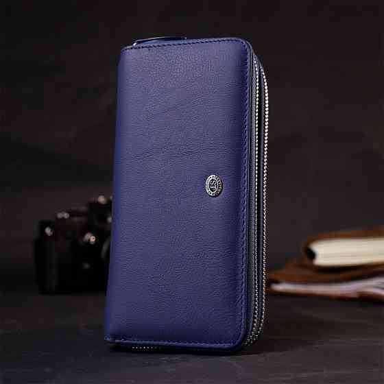 Вместительный женский кошелек-клатч с двумя отделениями на молниях Синий (ST Leather) Киев