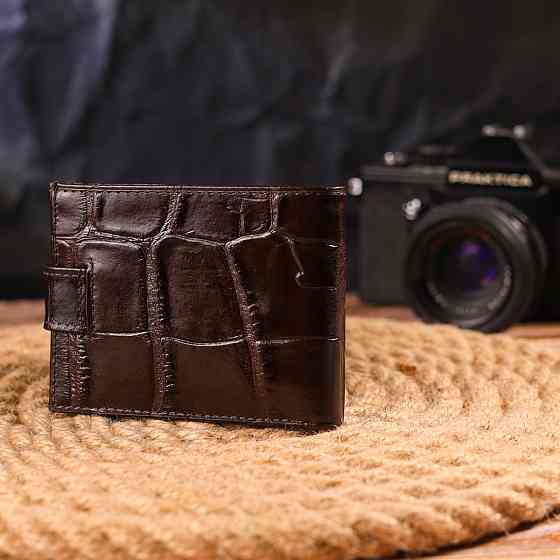 Чоловічий компактний гаманець із натуральної фактурної шкіри Коричневий (CANPELLINI) Київ