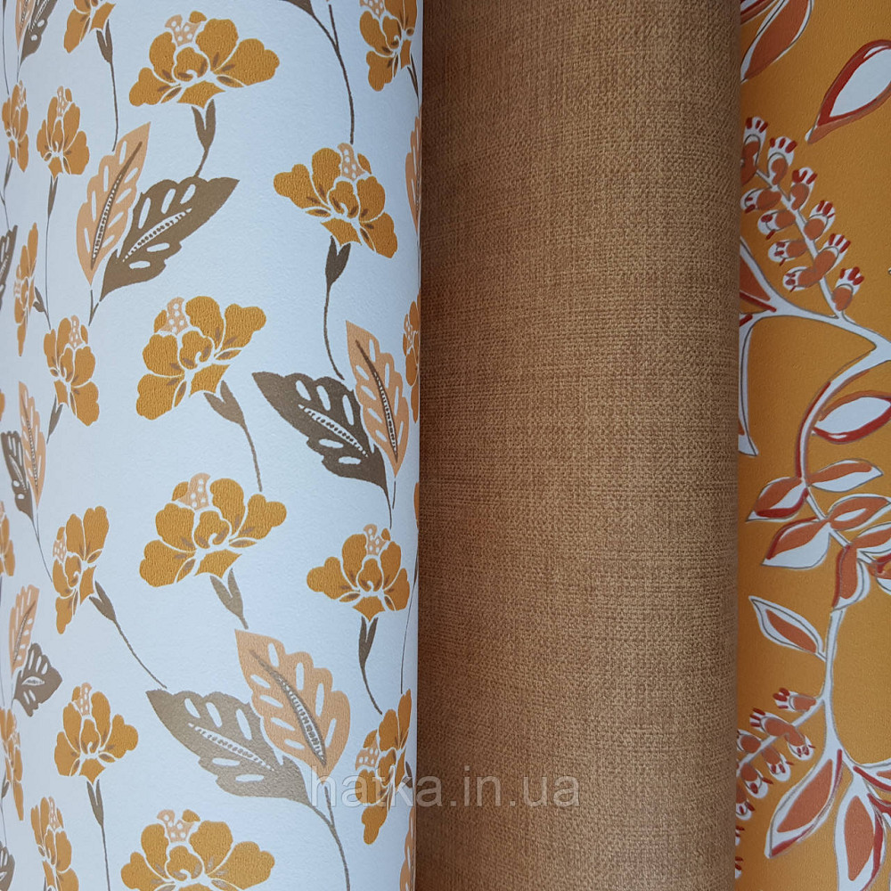 Обои виниловые на флизелине Caselio Mystery 0.53х10 м маленькие яркие цветы листья оранжевые на белом Киев - изображение 3