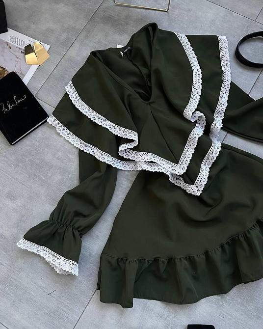 Женское романтичное платье с длинным рукавом костюмка + кружево Хаки, 42/44 Одесса - изображение 2