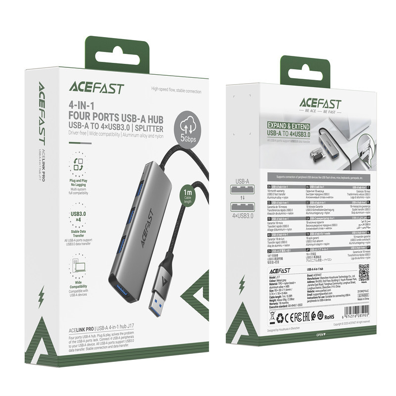 USB-хаб ACEFAST J17 USB-A  4-in-1 HUB Metal Gray Одесса - изображение 2