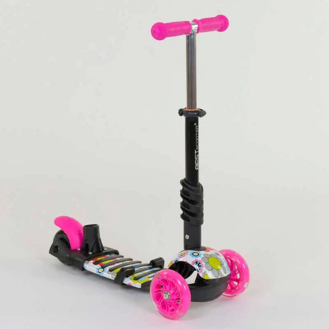 Самокат біговів триколісний Best Scooter з сидінням батьківською ручкою підсвічуванням коліс Рожевий абстракція (74230) Чернігів - фото 3