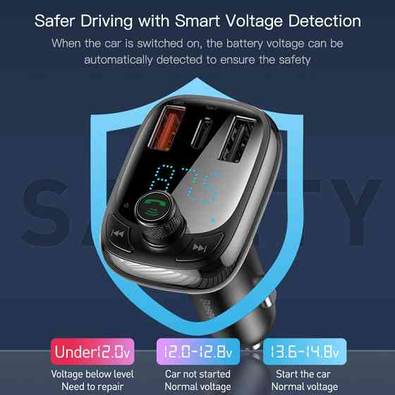 FM трансмиттер модулятор Baseus S-13 Bluetooth 5.0 c функцией зарядки (Черный, 2xUSB, 1xType-C) Николаев