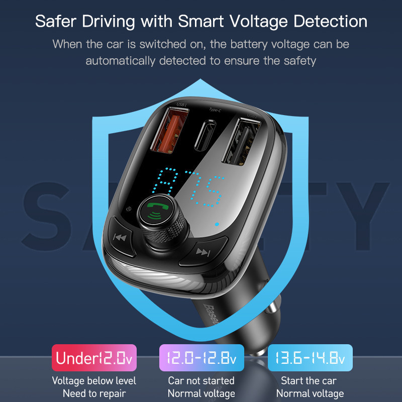 FM трансмиттер модулятор Baseus S-13 Bluetooth 5.0 c функцией зарядки (Черный, 2xUSB, 1xType-C) Николаев - изображение 6