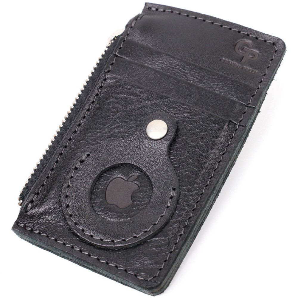 Цікавий картхолдер з утримувачем для Apple AirTag з натуральної шкіри GRANDE PELLE 11628 Чорний Київ - фото 1