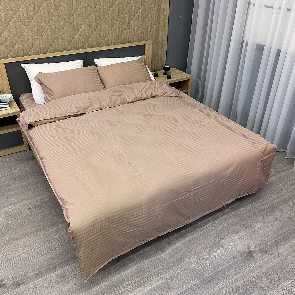 Комплект постельного белья Страйп-сатин Двуспальный 180х220 с простыней на резинке Мокко (88-106) Киев - изображение 2