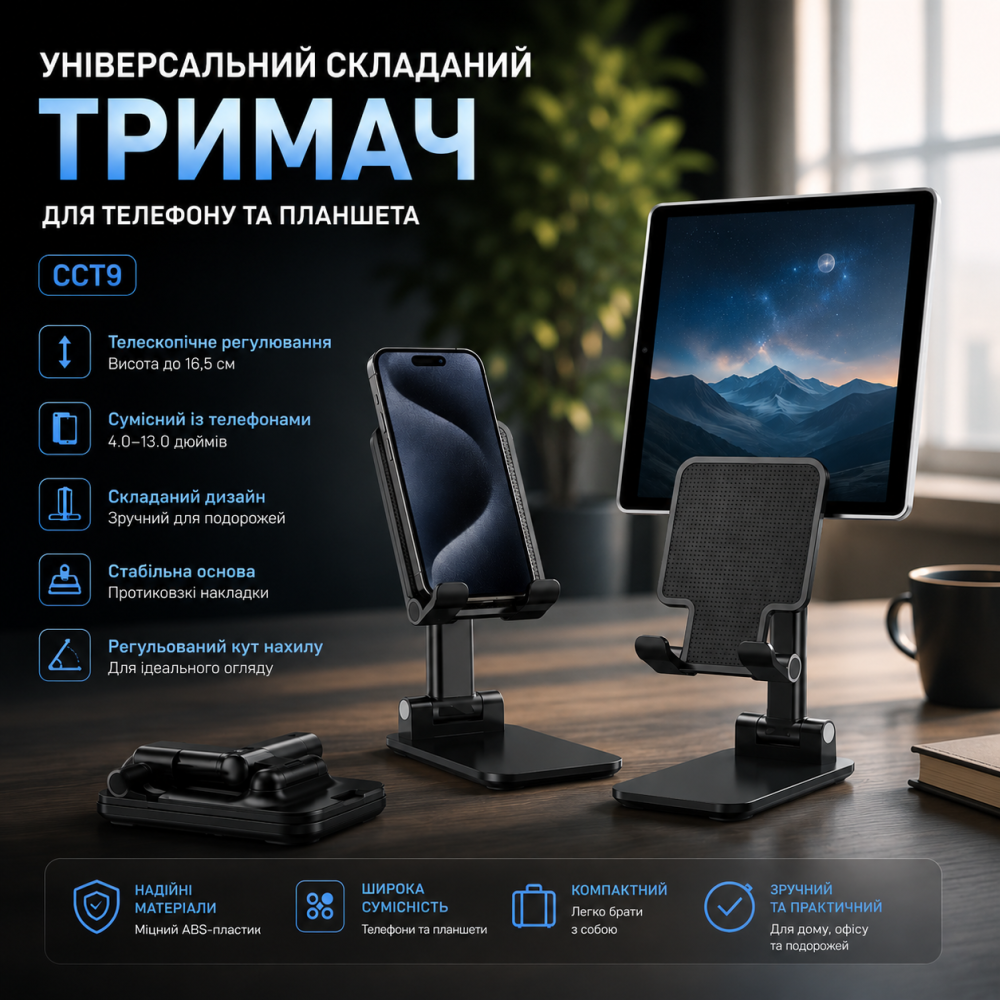 Универсальный складной держатель для телефона и планшета CCT9 телескопический настольный холдер Черный Киев - изображение 1