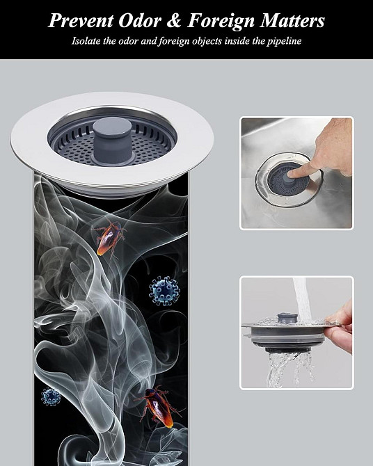 Заглушка для кухонної мийки Hibbent KD620-1 нержавіюча сталь/ABS 3-в-1 поп-ап універсальна 70-86 мм глибина >22 мм фільтр-сітка Київ - фото 4