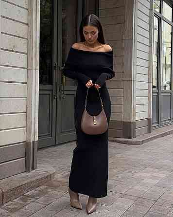 Женское элегантное платье с открытыми плечами турецкая ангора рубчик Черный, 42/44 Одесса