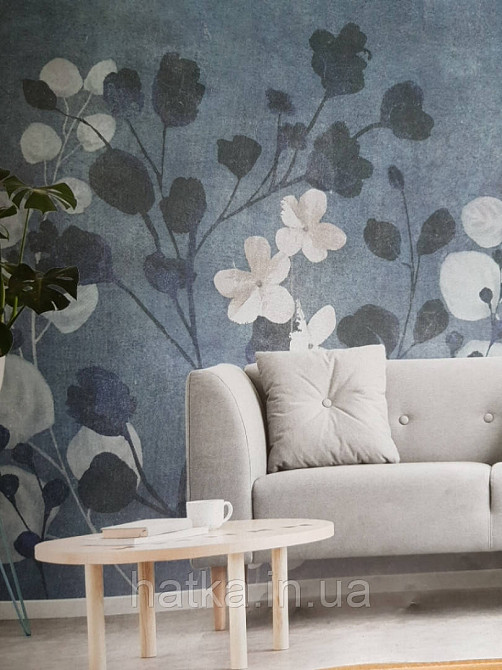 Шпалери вінілові Grandeco One roll one motif 2 A41701 панно листя гілки квіти на темно синьому під штукатурку Київ - фото 1