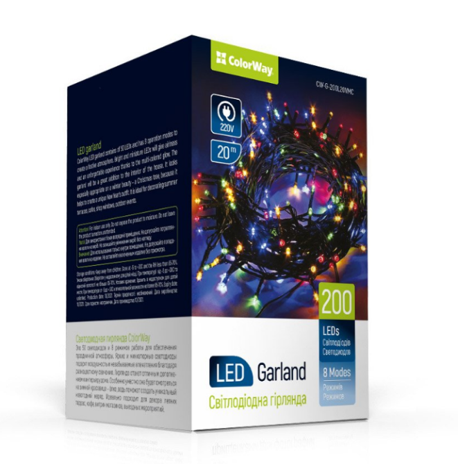 Світлодіодна гірлянда 200 Led 20м 8 режимів різнокольорова 220V CW-G-200L20VMC ColorWay Житомир - фото 1
