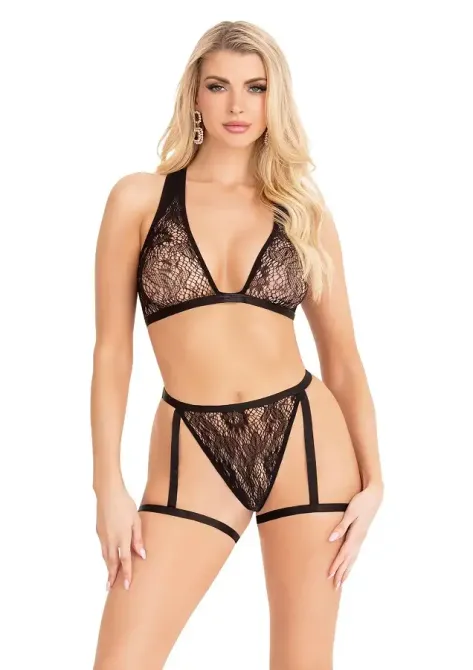 Комплект Leg Avenue Lace Bra Top and Panty with Garters One Size Black Львов - изображение 1