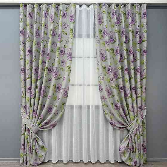 Комплект штор VR-Textil Лен Прованс 150х270 2шт и Тюль 500х270 2079ш-115т Серый с фиолетовым и белым 71-214/4 Киев