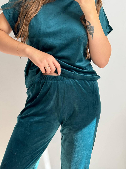 Пижама женская футболка+шорти+штаны из плюшевого велюра Изумрудный S Харьков - изображение 4