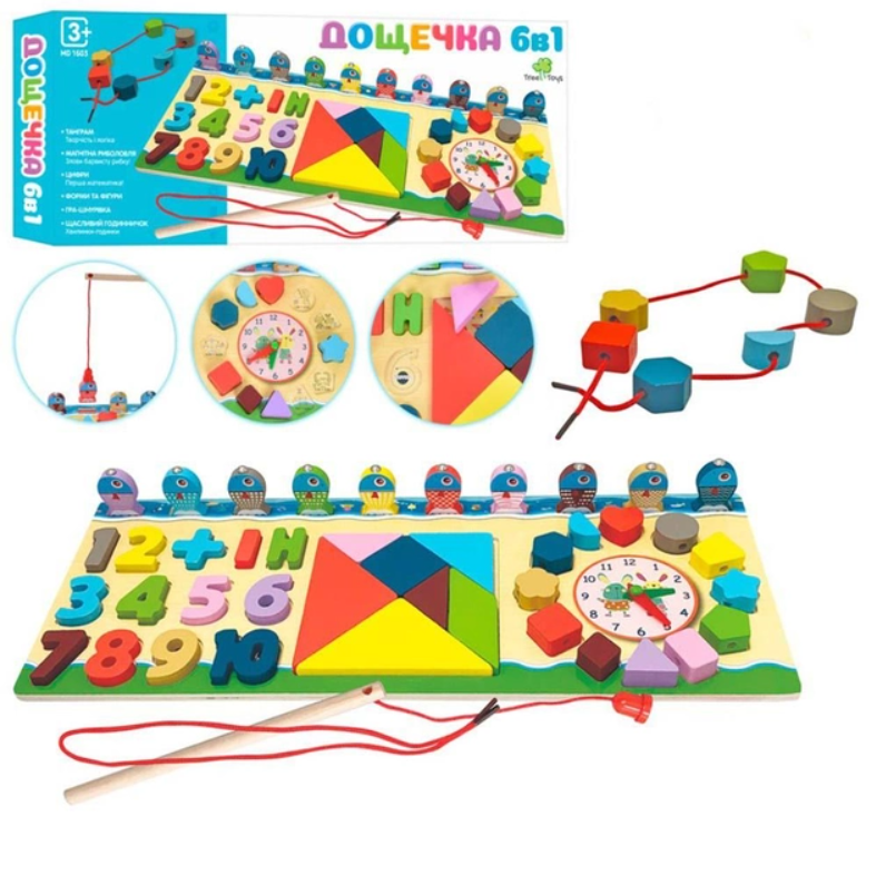 Дерев'яна іграшка Tree Toys Багатофункціональна дошка риболовля годинник танграм цифри (MD 1603) Чернігів - фото 1