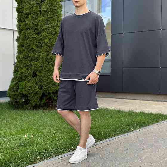 Мужской летний комплект шорты и футболка антрацит свободного кроя Pobedov Jack Киев