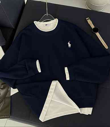 Жіночий стильний оверсайз світшот з лого та імітацією футболки двонитка Темно-синій Одеса