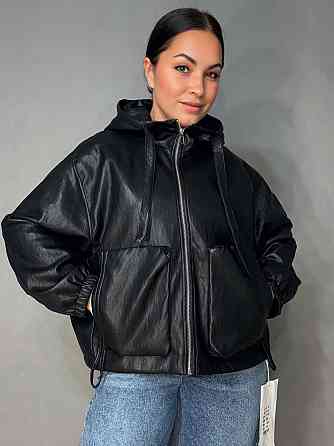 Куртка женская Ou Mai JY-08 из экокожи с капюшоном оверсайз черная, черный, XL Киев